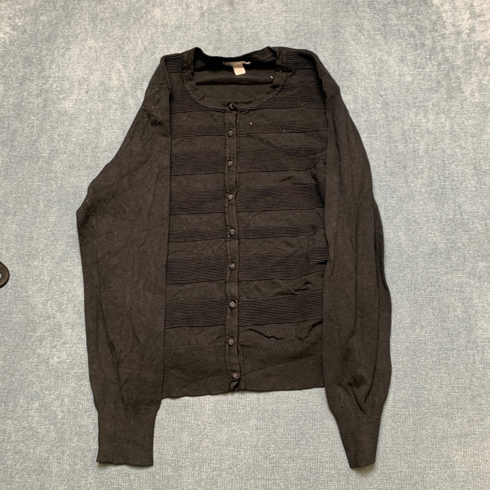 Charter Club Cardigan Sweater Womens Medium Black Knit Ribbed Trim Button Front